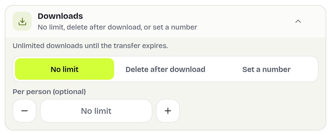 Il gruppo Download in Altre opzioni: nessun limite, elimina dopo il download o un numero stabilito di download