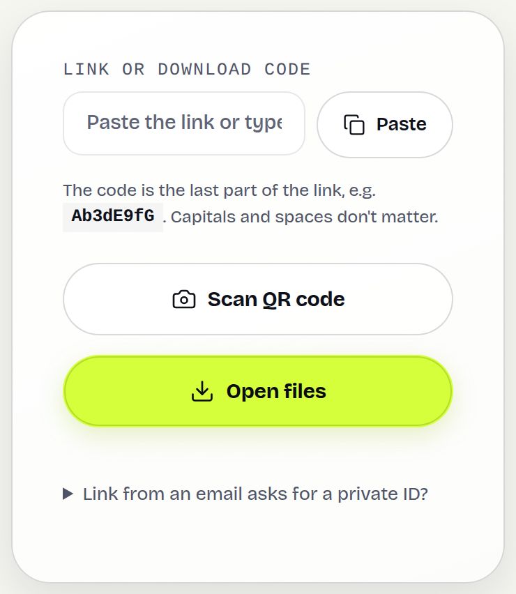 The Receive page with a box to type a download code