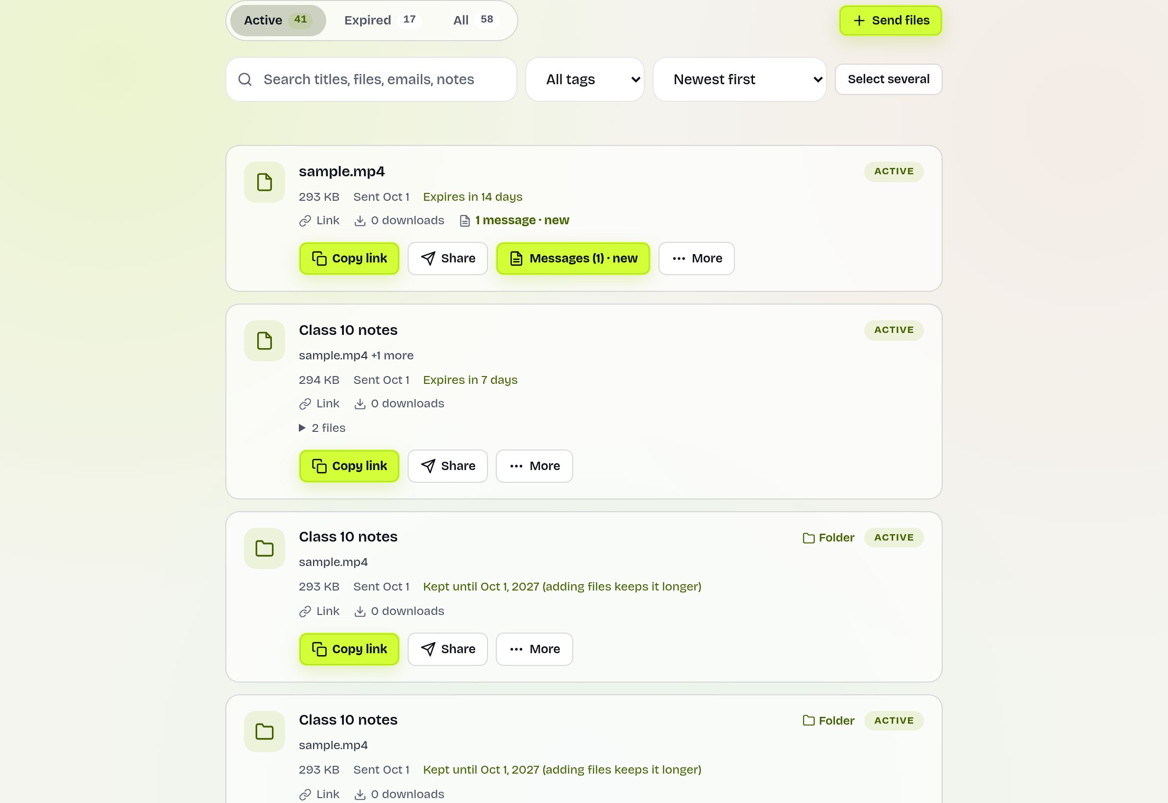 The Transfers page listing sent transfers with their status, downloads and actions