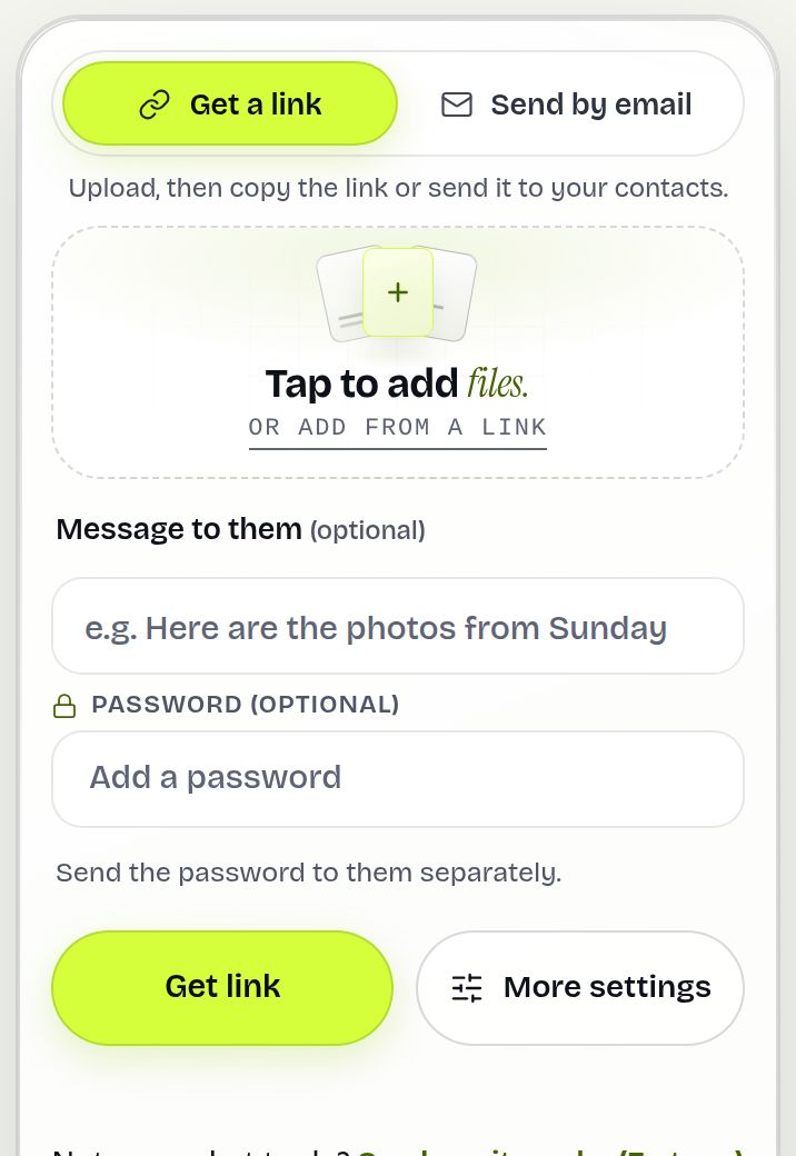 The upload card on the homepage with Get a link selected and an area to add files