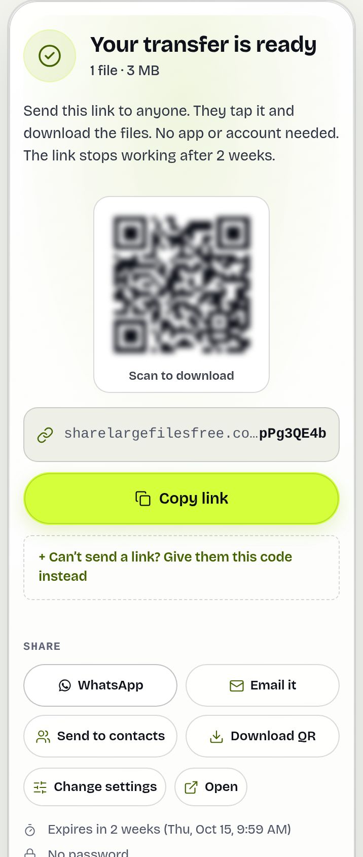 Finished transfer screen with the download link, Copy and Share buttons, a QR code and a short download code