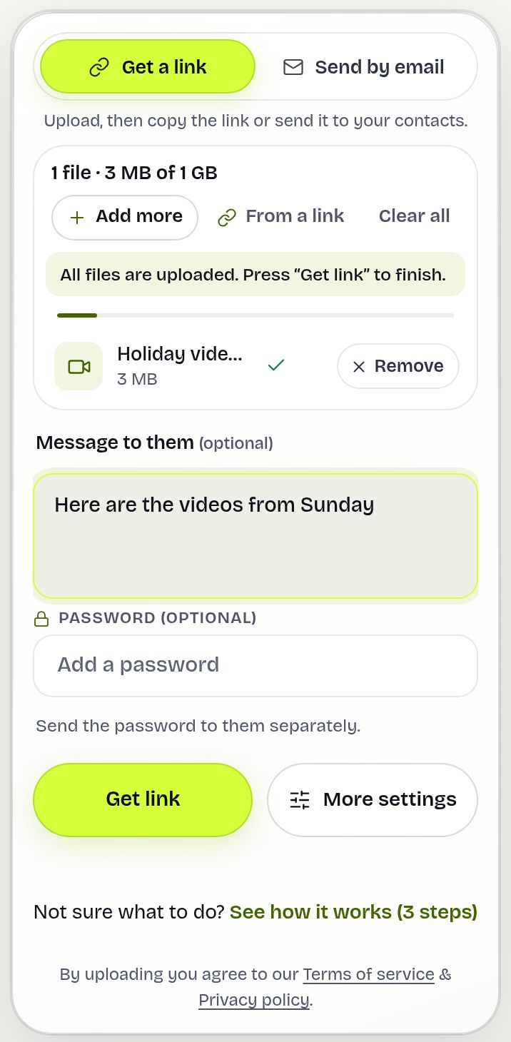 Upload card with a file added, a message box, a password box and the Get link and More settings buttons