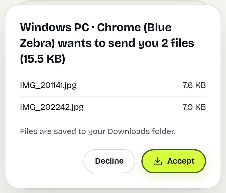 A prompt on the receiving device saying another device wants to send files, with Accept and Decline buttons