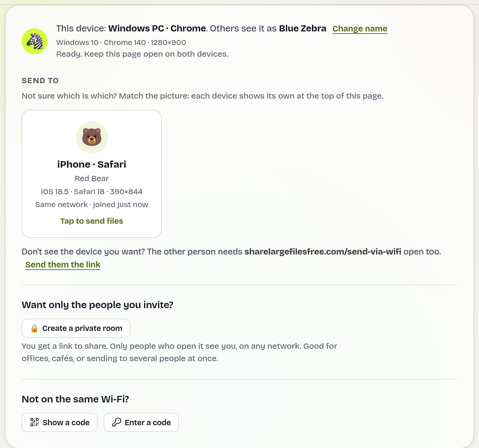Send via Wi-Fi showing a nearby device with its name, avatar, model and browser and a Tap to send files button