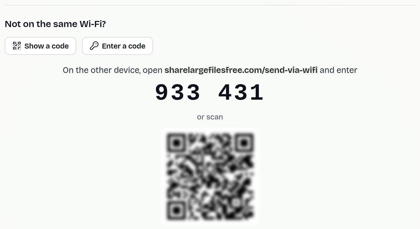 A six-digit pairing code shown on Send via Wi-Fi, with a box on the other device to type it