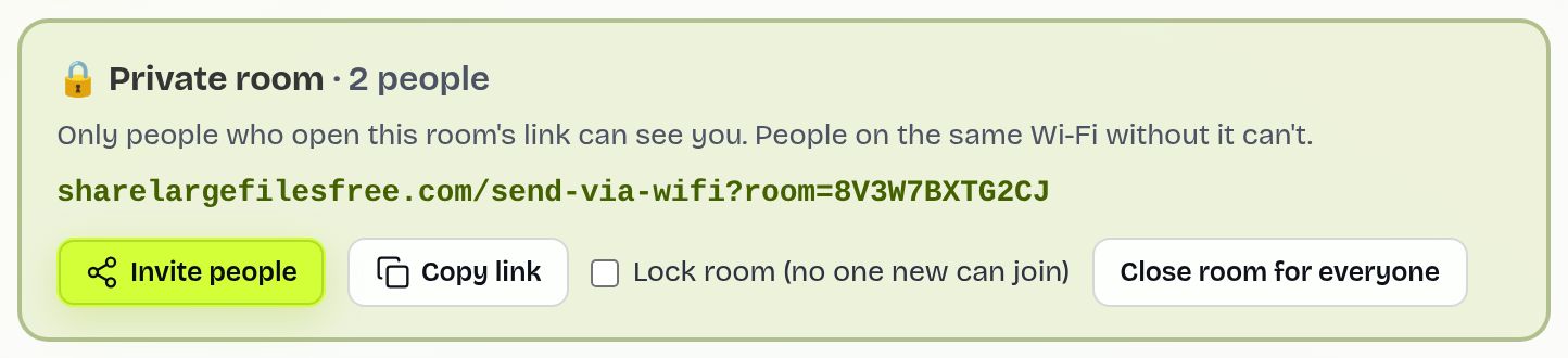 A private room on Send via Wi-Fi with its link, Invite and Copy buttons, a Lock room switch and Close room button