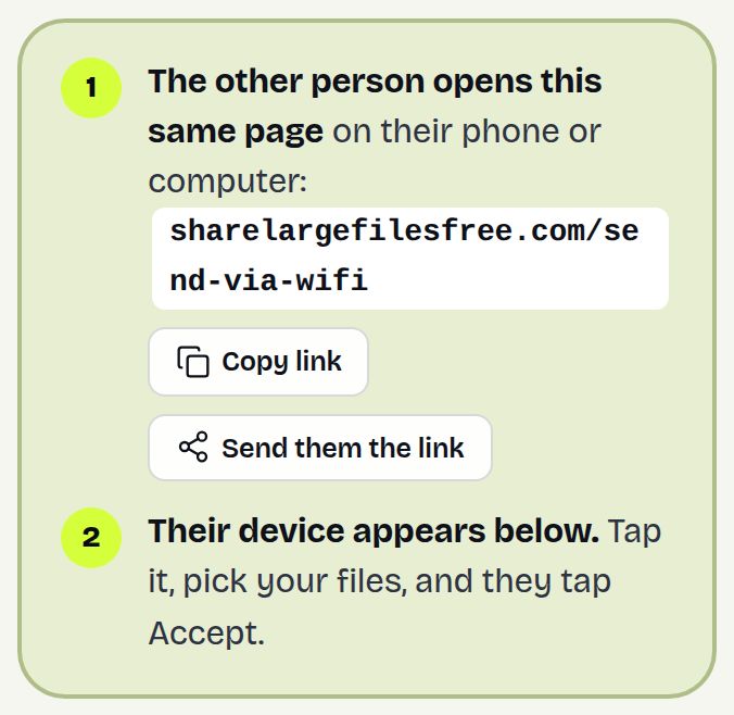Send via Wi-Fi page with two steps: open this same page on both devices, then pick the other device