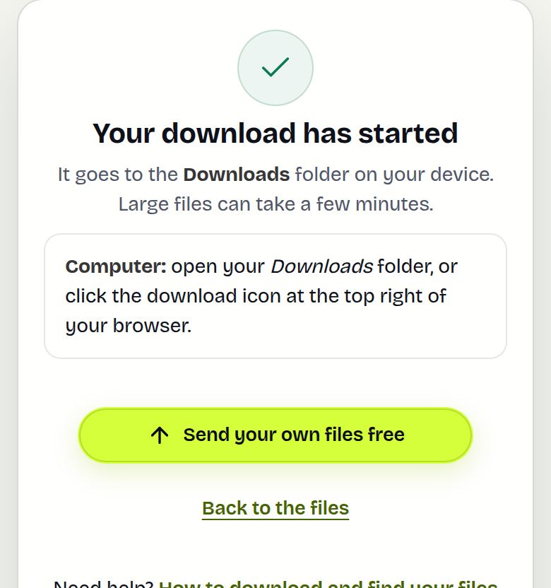 The “Your download has started” screen explaining where the file goes