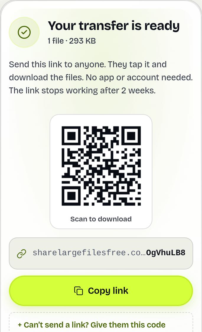 The ready screen with the QR code and the Copy link button